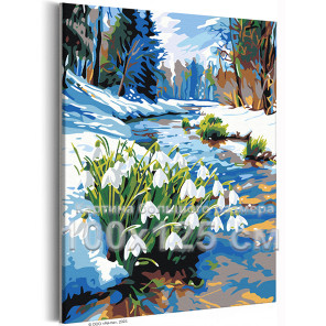 Подснежники у лесной реки Природа Пейзаж Весна Цветы Интерьерная 100х125 Раскраска картина по номерам на холсте