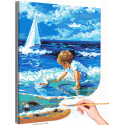 Ребенок на берегу моря Люди Дети Мальчик Малыш Корабль Парусник Морской пейзаж Лето Раскраска картина по номерам на холсте