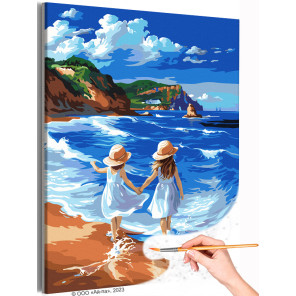  Сестры на берегу моря Дети Ребенок Девочка Подруга Океан Морской пейзаж Пляж Лето Раскраска картина по номерам на холсте AAAA-S