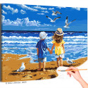 Мальчик с девочкой на берегу моря Дети Ребенок Малыш Сестра Брат Океан Морской пейзаж Пляж Лето Птицы Раскраска картина по номерам на холсте с неоновыми красками