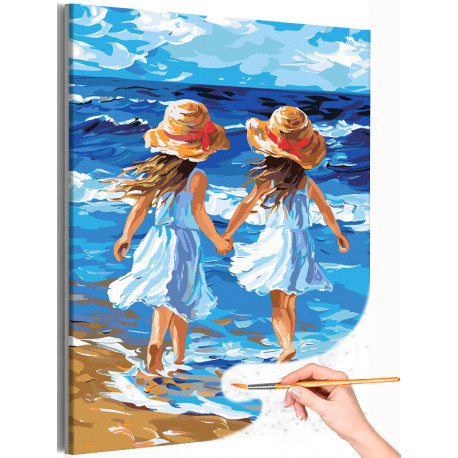  Девочки на берегу моря Дети Ребенок Сестры Океан Морской пейзаж Пляж Лето Раскраска картина по номерам на холсте AAAA-NK698