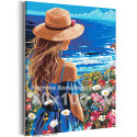 Девушка в цветах на берегу моря Люди Женщина Маки Морской пейзаж Лето Океан Романтика 80х100 Раскраска картина по номерам на холсте