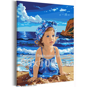 Девочка с голубыми глазами у моря Дети Ребенок Малыш Океан Морской пейзаж Пляж Лето 80х100 Раскраска картина по номерам на холст