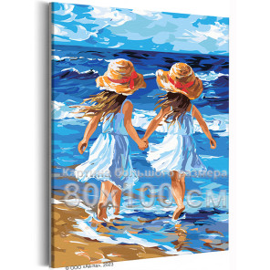 Девочки на берегу моря Дети Ребенок Сестры Океан Морской пейзаж Пляж Лето 80х100 Раскраска картина по номерам на холсте