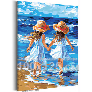 Девочки на берегу моря Дети Ребенок Сестры Океан Морской пейзаж Пляж Лето 100х125 Раскраска картина по номерам на холсте