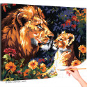 Маленький львенок и лев в цветах Животные Хищники Король Малыш Ребенок Дети Яркая Раскраска картина по номерам на холсте