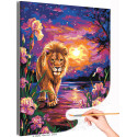 Лев и ирисы на закате Животные Хищники Король Природа Пейзаж Цветы Яркая Раскраска картина по номерам на холсте