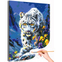 Снежный барс и ирисы в горах Животные Леопард Природа Цветы Лето Яркая Раскраска картина по номерам на холсте