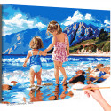 Морской пейзаж с детьми Дети Девочки Сестры Ребенок Природа Море Пляж Горы Лето Раскраска картина по номерам на холсте
