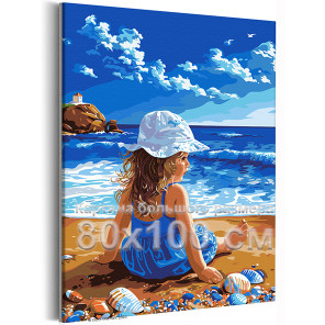 Девочка на фоне морского пейзажа Дети Ребенок Малыш Природа Море Пляж Лето 80х100 Раскраска картина по номерам на холсте
