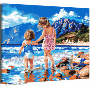 Морской пейзаж с детьми Дети Девочки Сестры Ребенок Природа Море Пляж Горы Лето 80х100 Раскраска картина по номерам на холсте