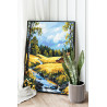 2 Пейзаж с домами и желтыми цветами Природа Деревня Лес Лето Река Вода 100х125 Раскраска картина по номерам на холсте