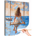 Девушка на качелях и лодка Море Люди Женщина Пляж Океан Лето Романтика Рассвет Раскраска картина по номерам на холсте