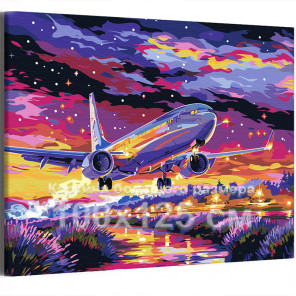 Самолет над морем и городские огни Яркая Закат Небо Пейзаж Океан 100х125 Раскраска картина по номерам на холсте