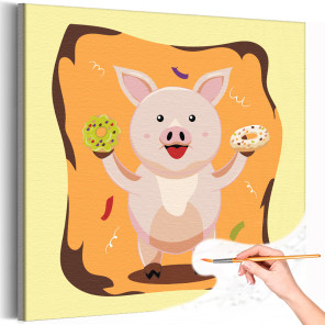 1 Свинка с пончиками Животные Свинья Поросенок Для детей Легкая Мультики Еда Раскраска картина по номерам на холсте