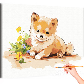 1 Щенок шпица с цветами Животные Собака Для детей Детская Для мальчика Для девочек Раскраска картина по номерам на холсте