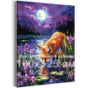 Лиса на пруду с ирисами Животные Лисичка Рыжая Пейзаж Природа Цветы Лунная ночь Яркая 100х125 Раскраска картина по номерам на хо