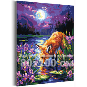 Лиса на пруду с ирисами Животные Лисичка Рыжая Пейзаж Природа Цветы Лунная ночь Яркая 80х100 Раскраска картина по номерам на хол