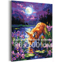 Лиса на пруду с ирисами Животные Лисичка Рыжая Пейзаж Природа Цветы Лунная ночь Яркая 80х100 Раскраска картина по номерам на холсте