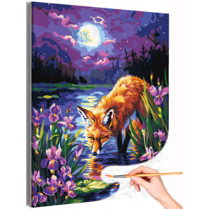 1 Лиса на пруду с ирисами Животные Лисичка Рыжая Пейзаж Природа Цветы Лунная ночь Яркая Раскраска картина по номерам на холсте