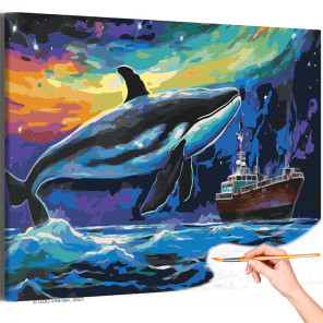  Кит и северное сияние над морем Пейзаж Корабль Животные Природа Лодка Интерьерная Раскраска картина по номерам на холсте AAAA-S