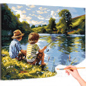 Мальчики на рыбалке Дети Пейзаж Природа Лето Деревня Река Раскраска картина по номерам на холсте