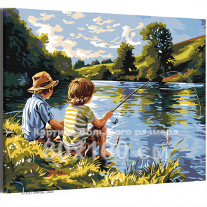 Мальчики на рыбалке Дети Пейзаж Природа Лето Деревня Река 80х100 Раскраска картина по номерам на холсте