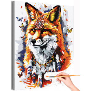 1 Портрет лисы с перьями и бабочками Животные Лисичка Тотем Стильная Яркая Раскраска картина по номерам на холсте