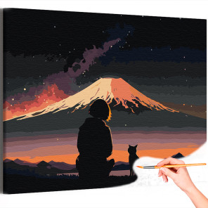 1 Девушка и кошка в горах Пейзаж Люди Девочка Природа Рассвет Япония Коты Раскраска картина по номерам на холсте