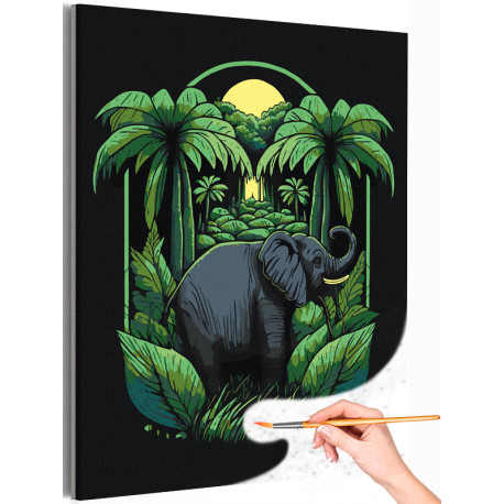 1 Слон в зеленых листьях Животные Природа Раскраска картина по номерам на холсте