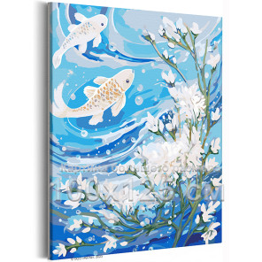 Карпы кои и цветущее дерево Япония Рыба Вода Цветы Интерьерная 100х125 Раскраска картина по номерам на холсте
