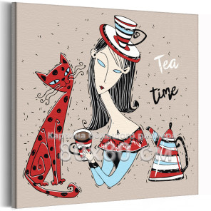 Девушка с котом и чайником Чаепитие Еда Женщина Люди Кошка Животные Интерьерная Для девочек 80х80 Раскраска картина по номерам н