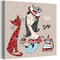 Девушка с котом и чайником Чаепитие Еда Женщина Люди Кошка Животные Интерьерная Для девочек 80х80 Раскраска картина по номерам на холсте