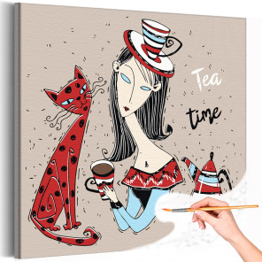 1 Девушка с котом и чайником Чаепитие Еда Женщина Люди Кошка Животные Интерьерная Для девочек Раскраска картина по номерам на хо