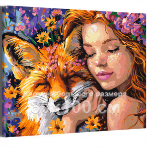Портрет девушки и лисы в цветах Животные Лисичка Люди Тотем Принцессы Фэнтези 80х100 Раскраска картина по номерам на холсте