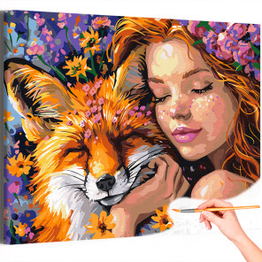 1 Портрет девушки и лисы в цветах Животные Лисичка Люди Тотем Принцессы Фэнтези Раскраска картина по номерам на холсте
