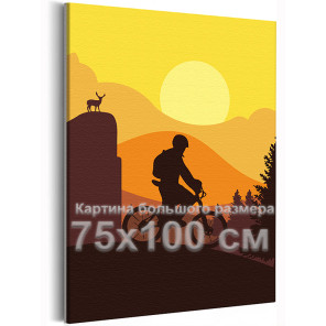 Мужчина в горах на велосипеде Люди Животные Олень Природа Пейзаж Закат Спортсмен 75х100 Раскраска картина по номерам на холсте