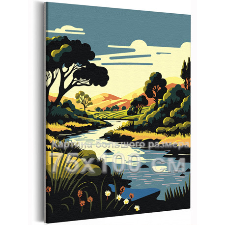 Весенняя река в низовье гор Пейзаж Природа Лес 75х100 Раскраска картина по номерам на холсте