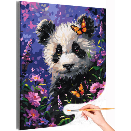 1 Маленькая панда с цветами и бабочками Животные Медведь Яркая Раскраска картина по номерам на холсте
