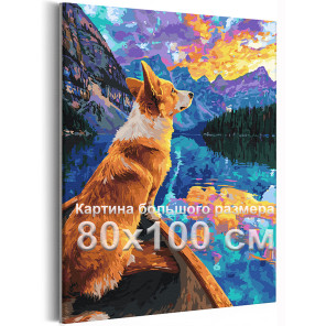 Корги в лодке на природе Животные Собаки Пейзаж Горы Река Рассвет Романтика 80х100 Раскраска картина по номерам на холсте