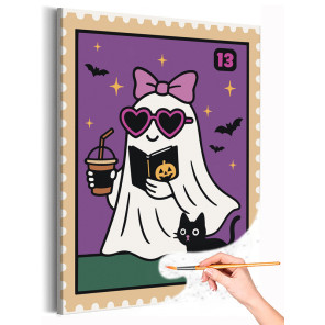  Приведение и котик Мем Хэллоуин Halloween Смешная Для детей Для девочек Для мальчиков Небольшая Раскраска картина по номерам на
