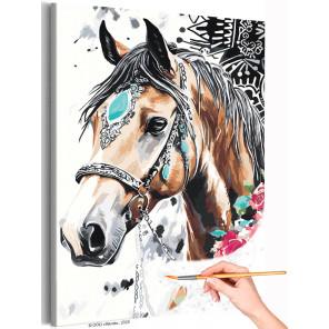  Лошадь с розами Новогодняя Огненная лошадь Конь с цветами Животные Символ года Новый год Раскраска картина по номерам на холсте