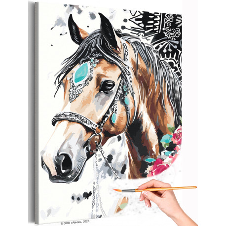  Лошадь с розами Новогодняя Огненная лошадь Конь с цветами Животные Символ года Новый год Раскраска картина по номерам на холсте