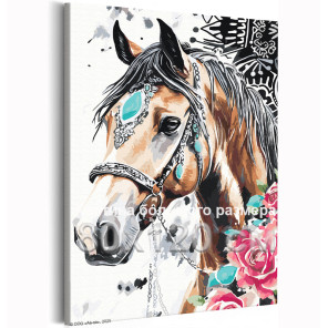 Лошадь с розами Новогодняя Огненная лошадь Конь с цветами Животные Символ года Новый год 80х120 Раскраска картина по номерам на 