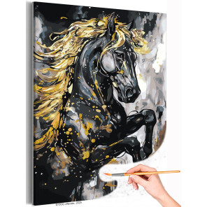  Конь с огненной гривой с золотой краской Огненная лошадь Животные Символ года Новый год Раскраска картина по номерам на холсте 