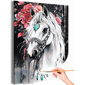  Белая лошадь с розами Новый год 2026 Конь с цветами Животные Символ года Оберег Раскраска картина по номерам на холсте AAAA-NK1