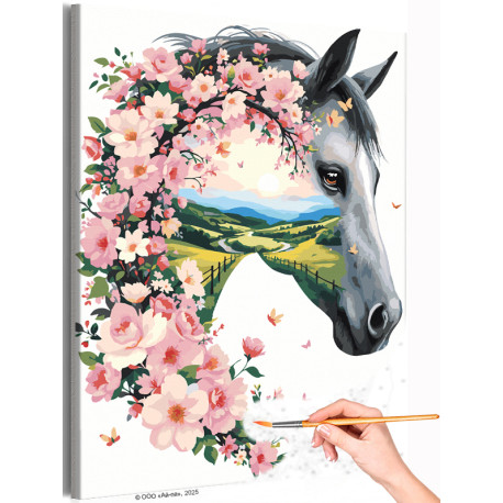  Лошадь с весенними цветами Рассвет Новый год 2026 Конь с цветами Животные Природа Символ года Оберег Раскраска картина по номер