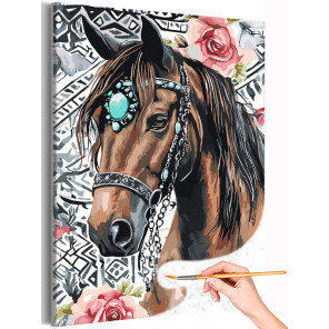  Лошадь символ 2026 года Новогодняя Конь с цветами Красная лошадь Оберег Животные Раскраска картина по номерам на холсте AAAA-NK