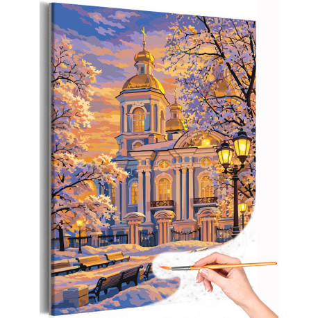 Санкт-Петербург Морской Никольский собор Питер Храм Пейзаж Зима Закат Церковь Раскраска картина по номерам на холсте