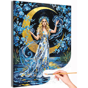 Девушка с цветами на фоне луны Темное фэнтези